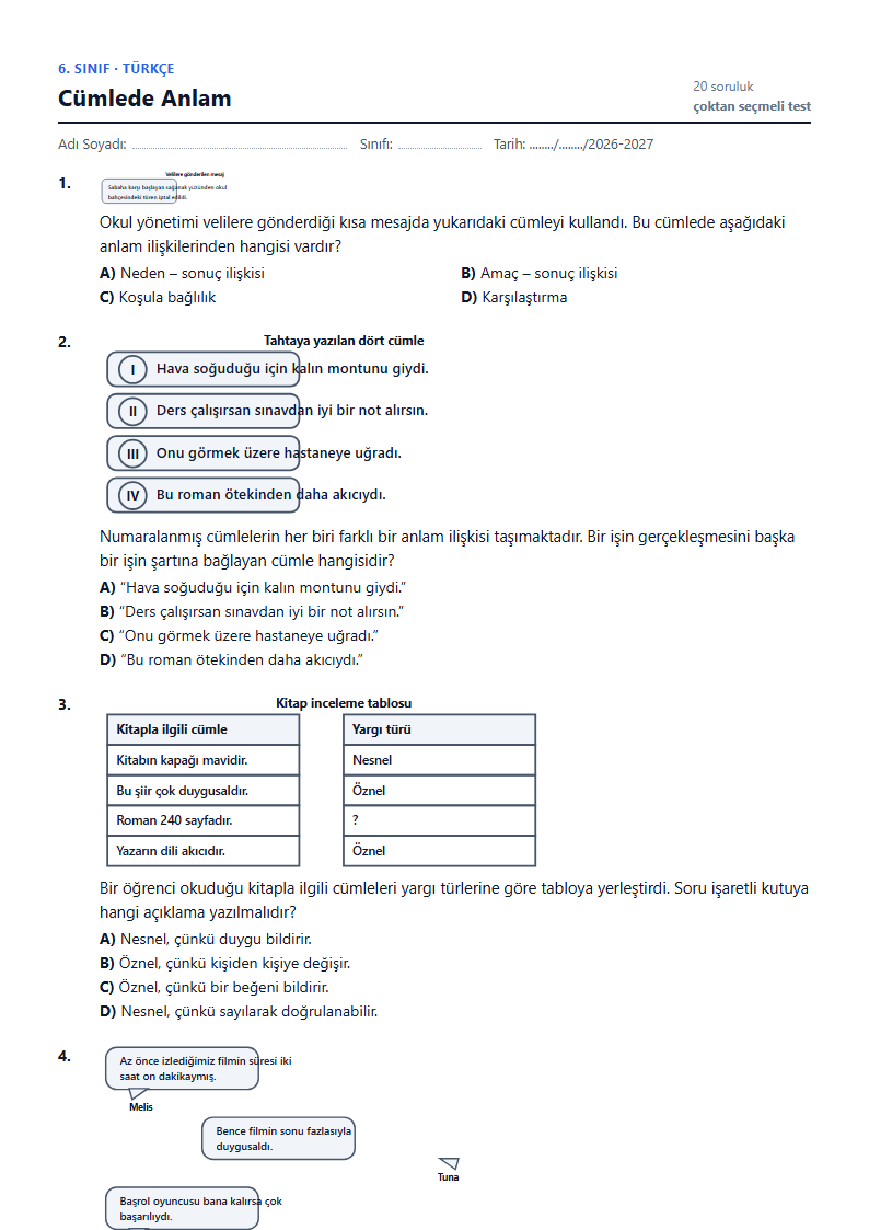 Cümlede Anlam çalışma kağıdı önizlemesi