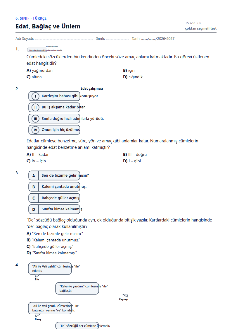 Edat, Bağlaç ve Ünlem çalışma kağıdı önizlemesi