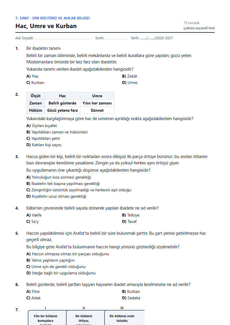 Hac, Umre ve Kurban çalışma kağıdı önizlemesi