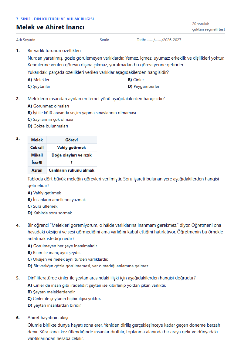 Melek ve Ahiret İnancı çalışma kağıdı önizlemesi