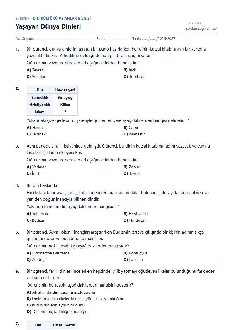 Yaşayan Dünya Dinleri çalışma kağıdı önizlemesi