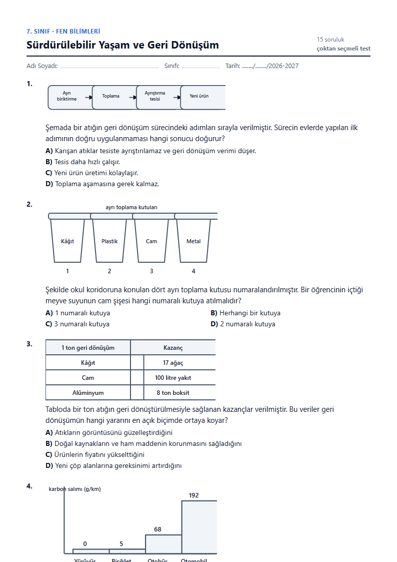 Sürdürülebilir Yaşam ve Geri Dönüşüm çalışma kağıdı önizlemesi