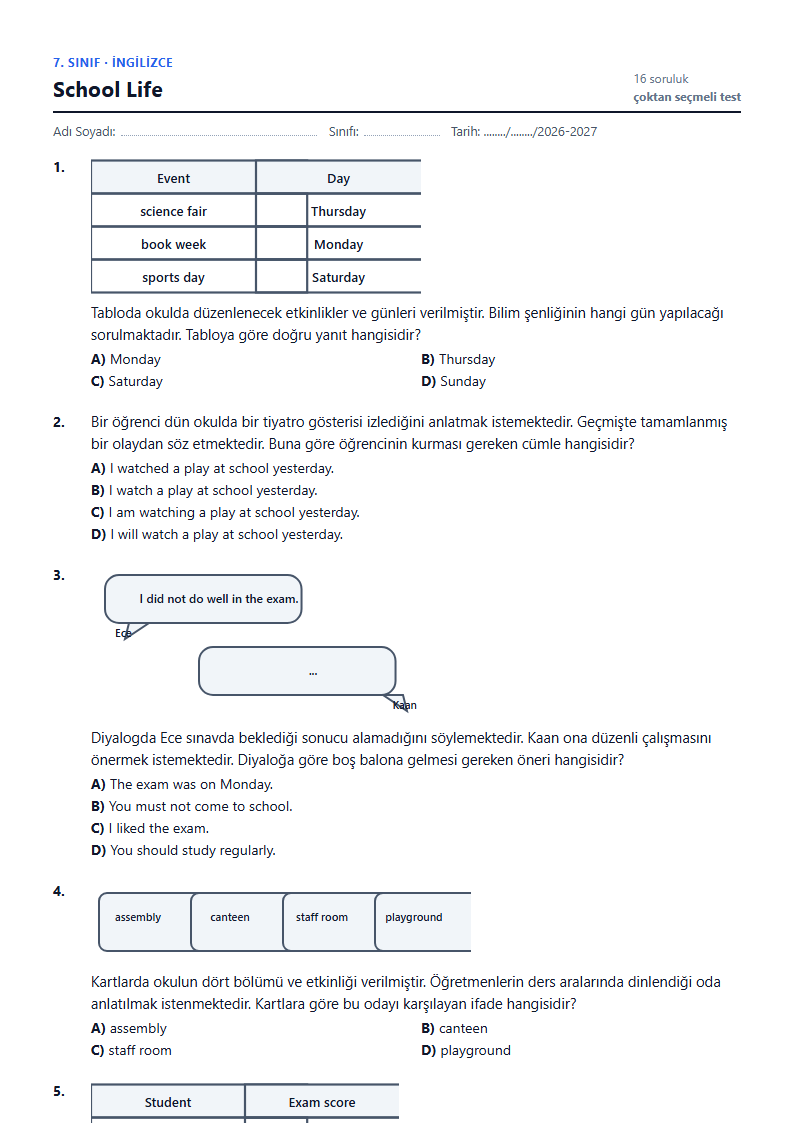 School Life çalışma kağıdı önizlemesi