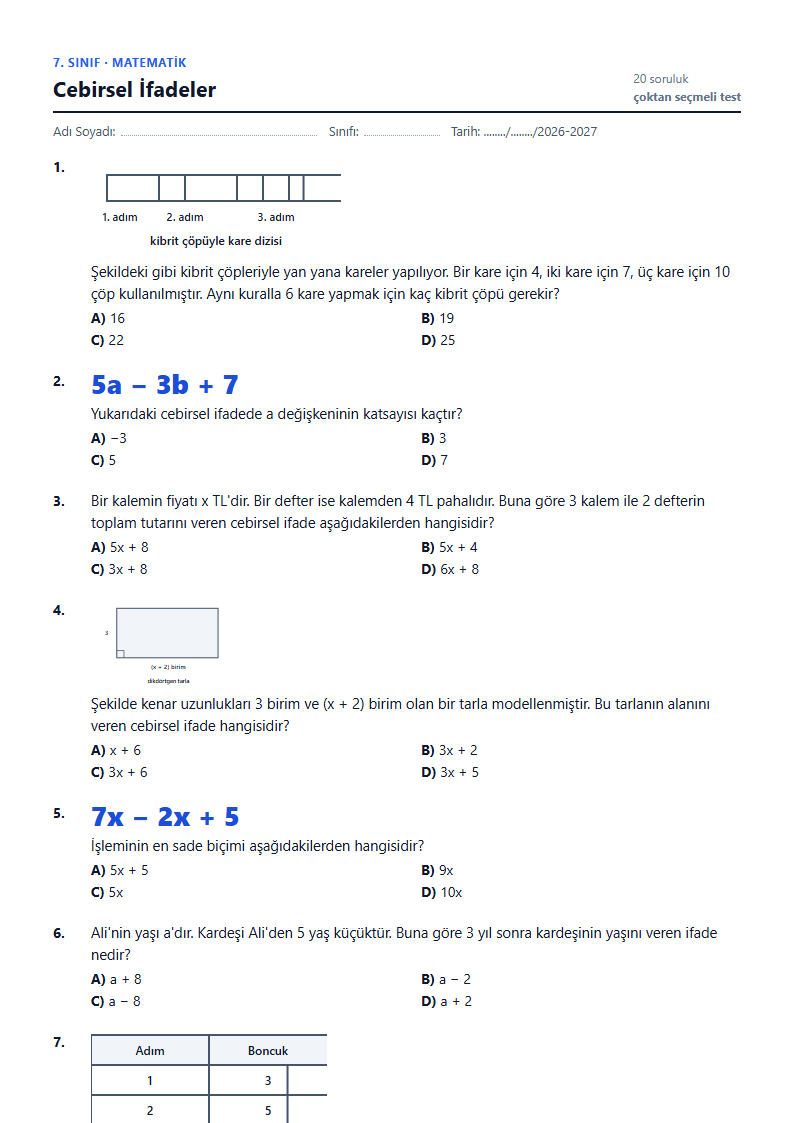 Cebirsel İfadeler çalışma kağıdı önizlemesi