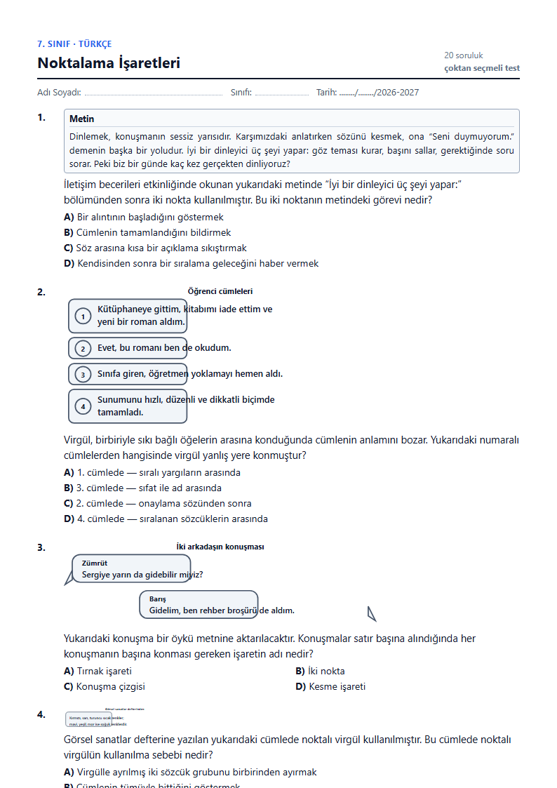 Noktalama İşaretleri çalışma kağıdı önizlemesi