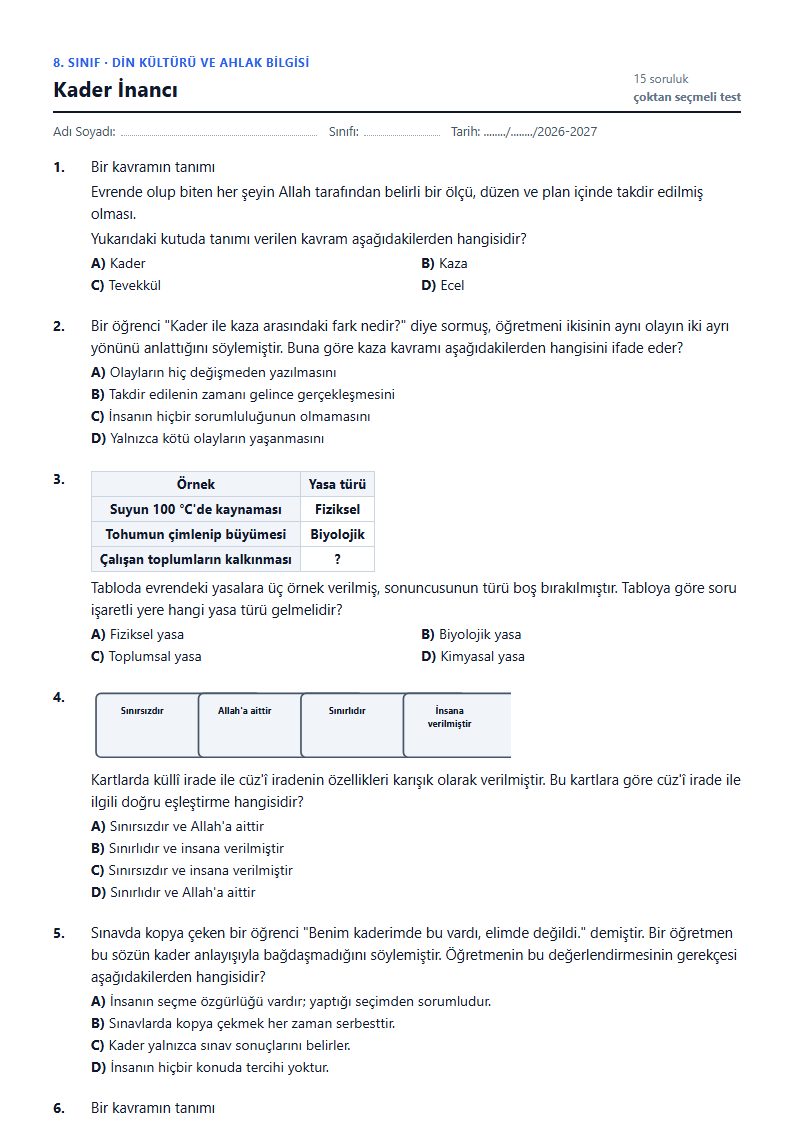 Kader İnancı çalışma kağıdı önizlemesi