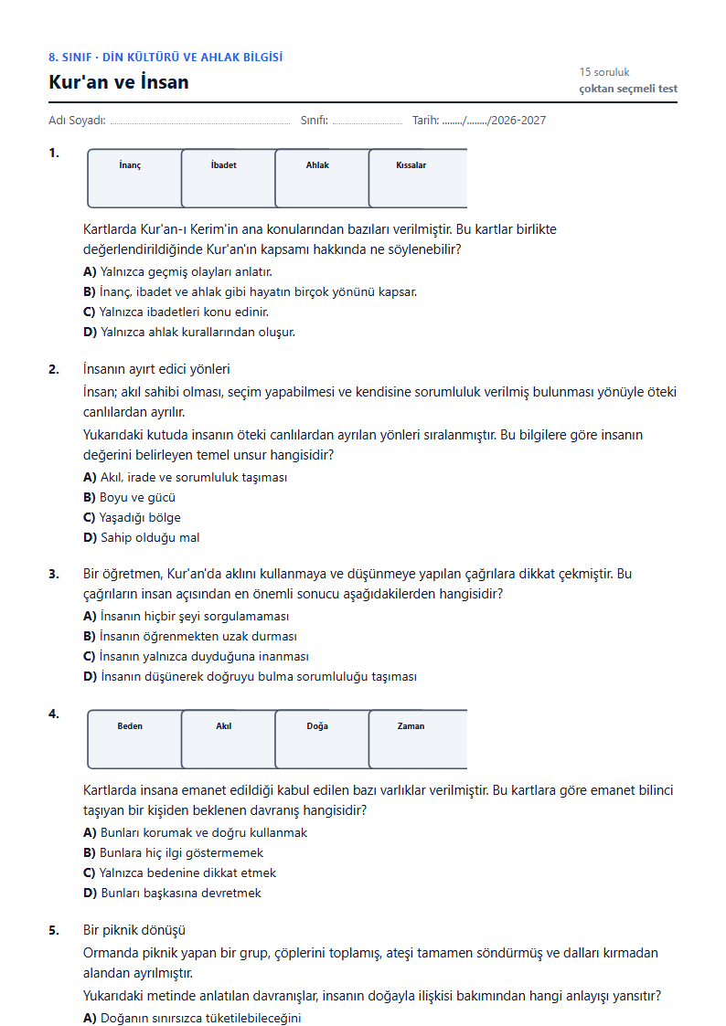 Kur'an ve İnsan çalışma kağıdı önizlemesi