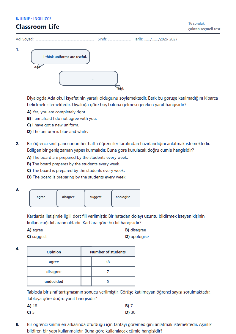Classroom Life çalışma kağıdı önizlemesi