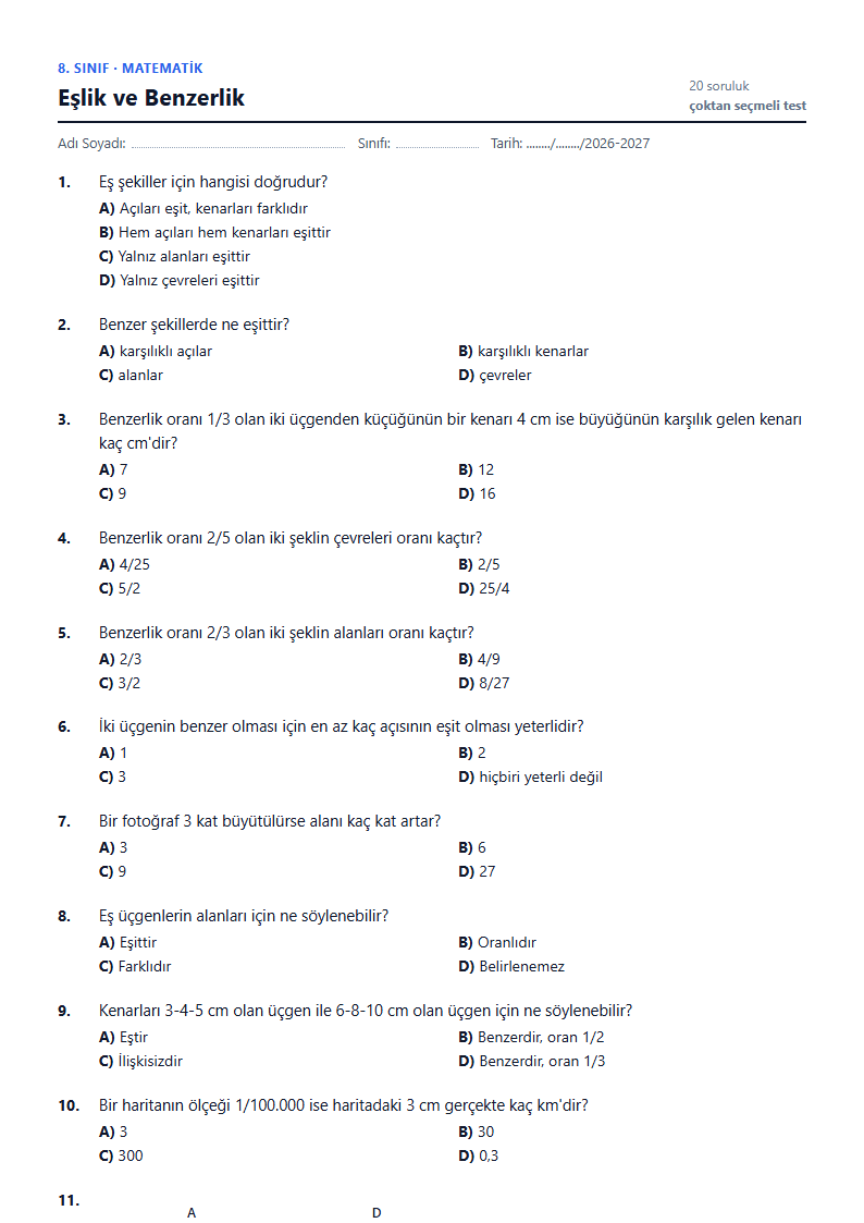 Eşlik ve Benzerlik çalışma kağıdı önizlemesi
