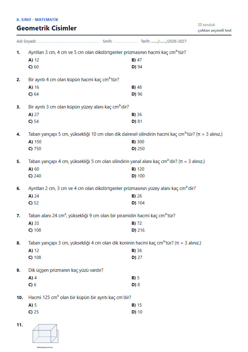 Geometrik Cisimler çalışma kağıdı önizlemesi