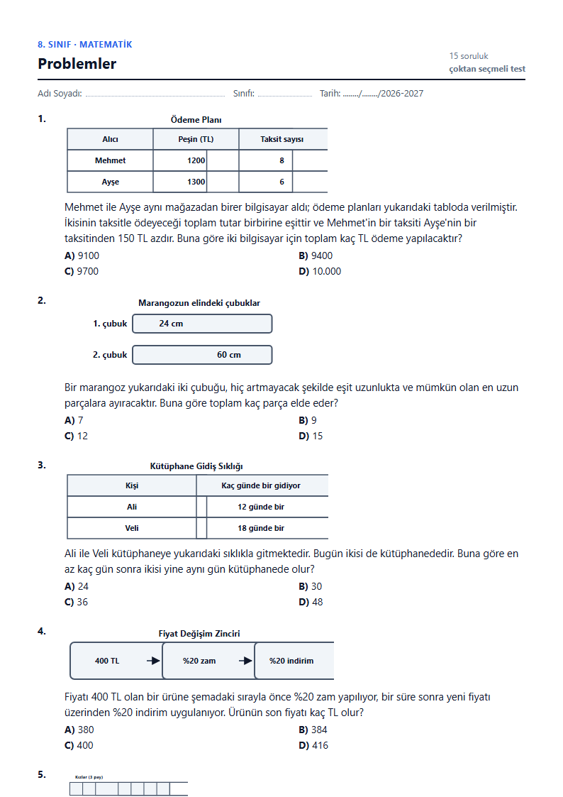 Problemler çalışma kağıdı önizlemesi