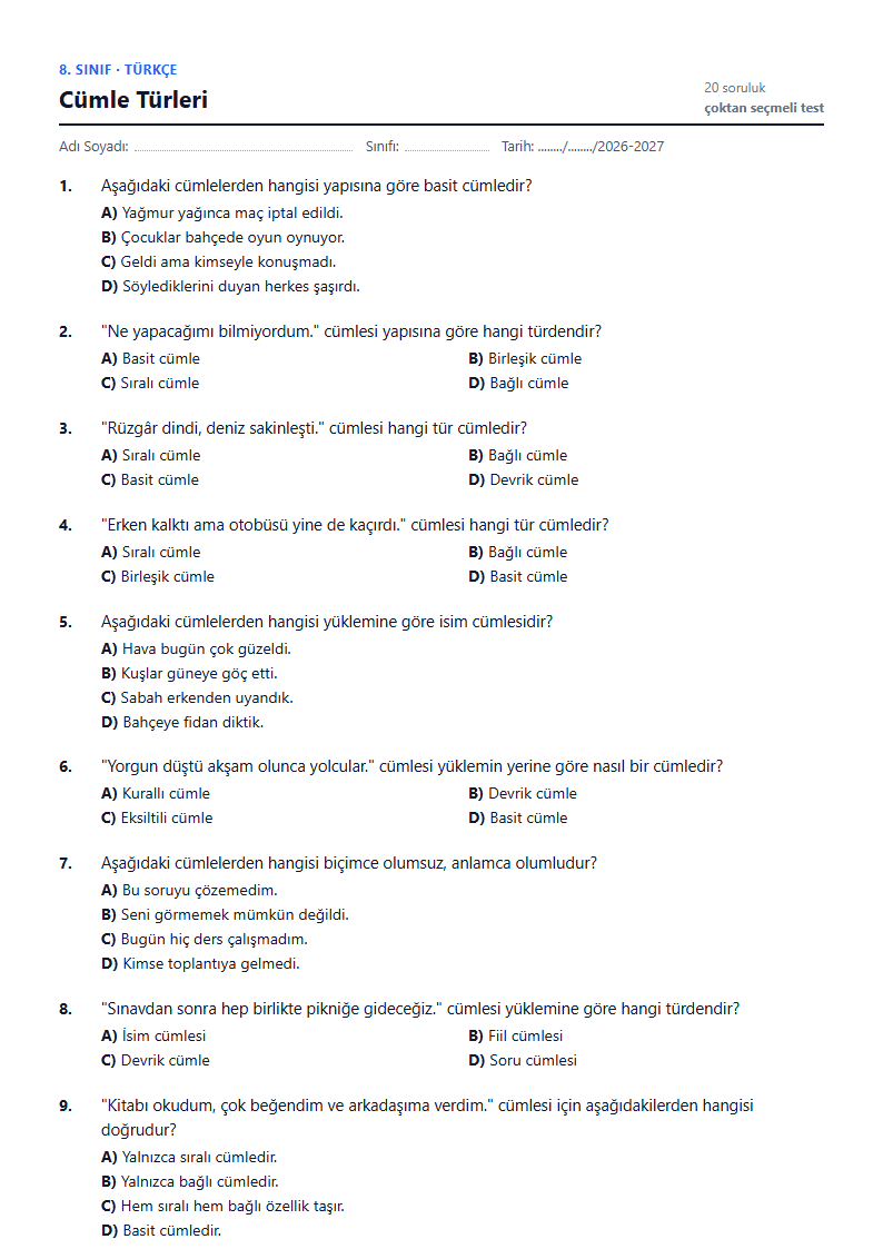 Cümle Türleri çalışma kağıdı önizlemesi