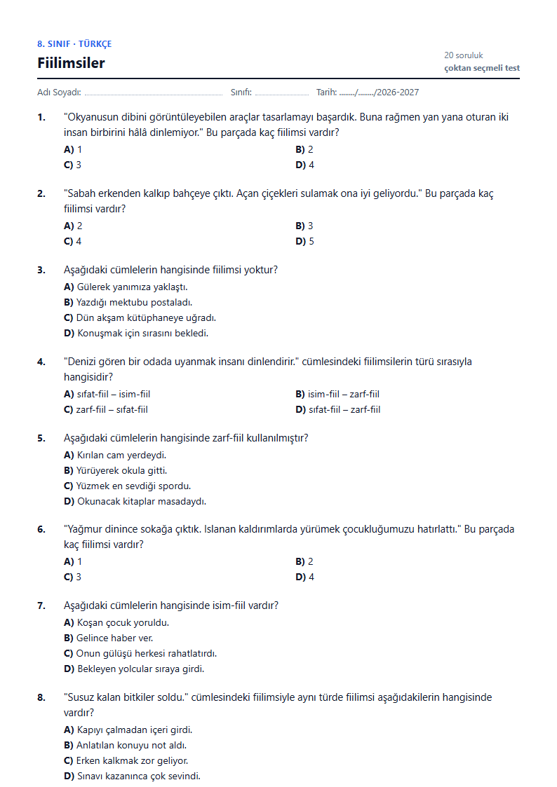 Fiilimsiler çalışma kağıdı önizlemesi