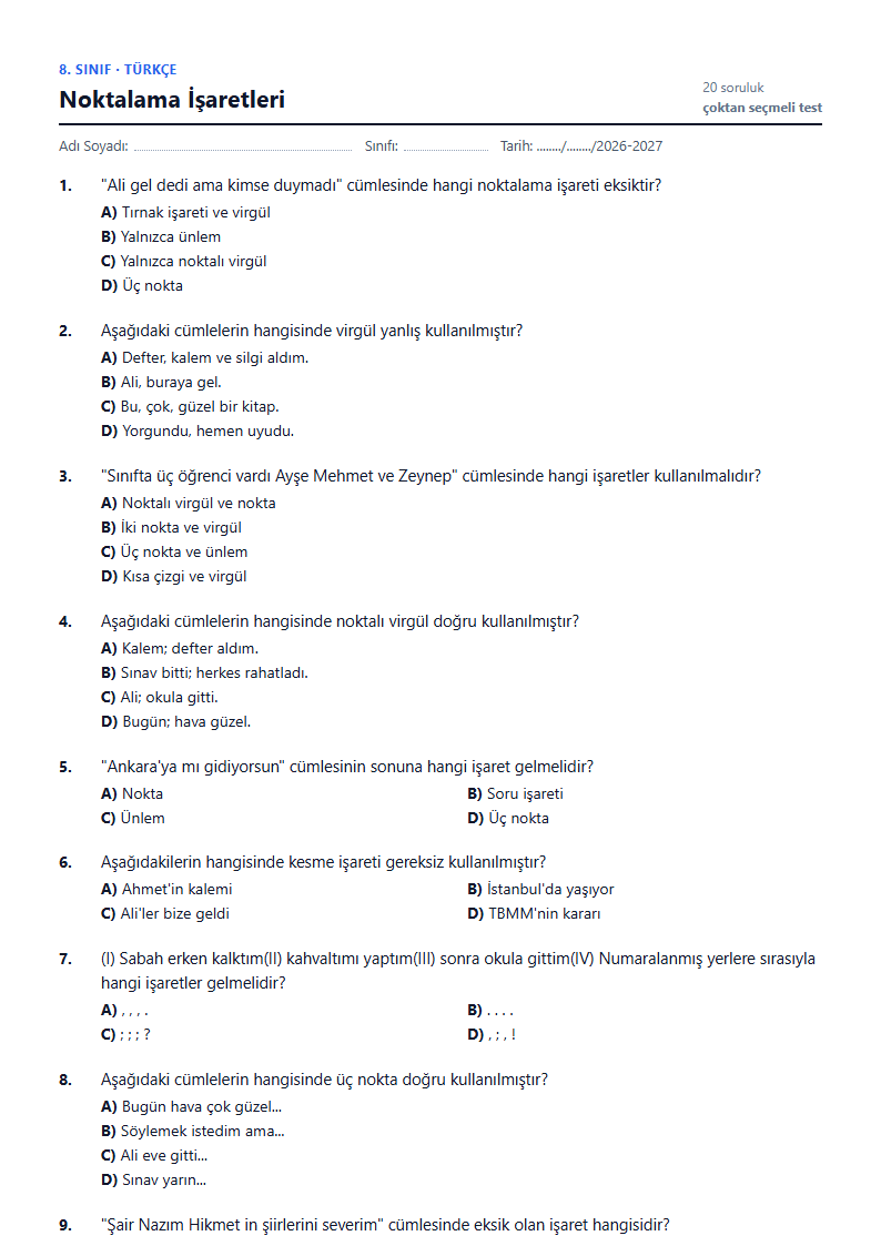 Noktalama İşaretleri çalışma kağıdı önizlemesi