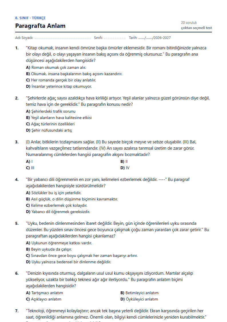 Paragrafta Anlam çalışma kağıdı önizlemesi