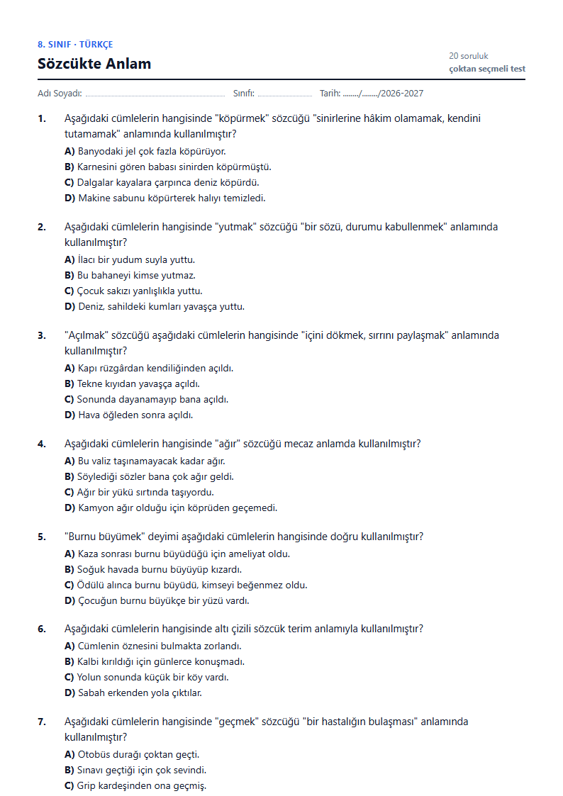 Sözcükte Anlam çalışma kağıdı önizlemesi