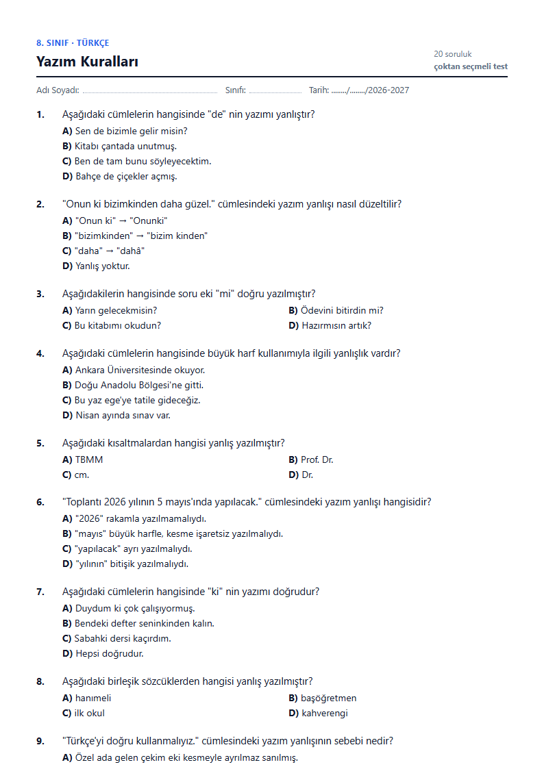 Yazım Kuralları çalışma kağıdı önizlemesi