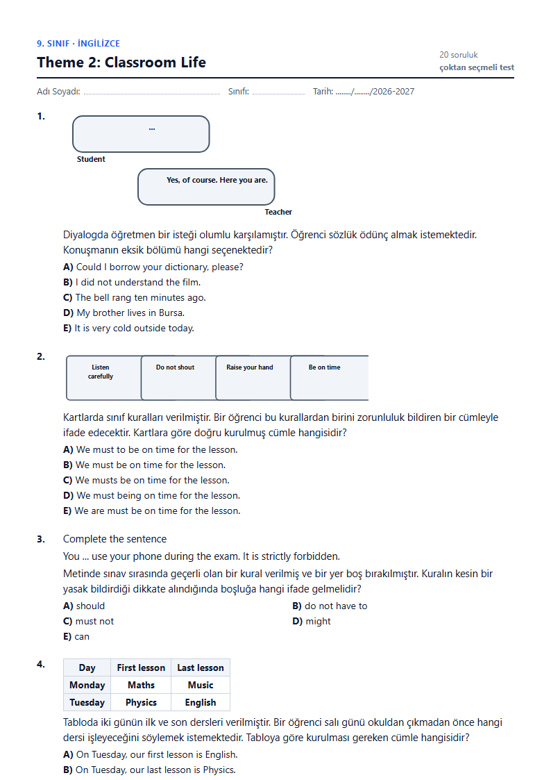 Theme 2: Classroom Life çalışma kağıdı önizlemesi