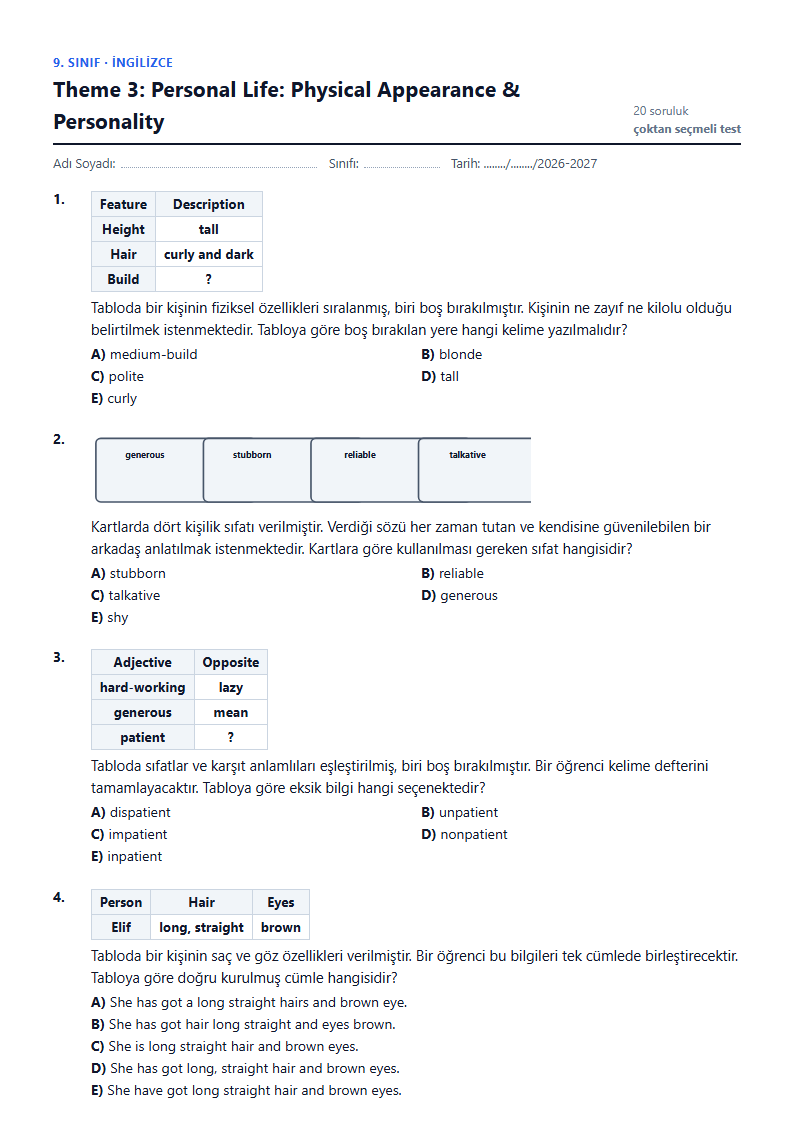Theme 3: Personal Life: Physical Appearance & Personality çalışma kağıdı önizlemesi