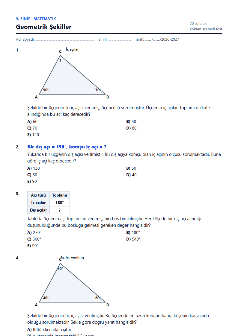 Geometrik Şekiller çalışma kağıdı önizlemesi