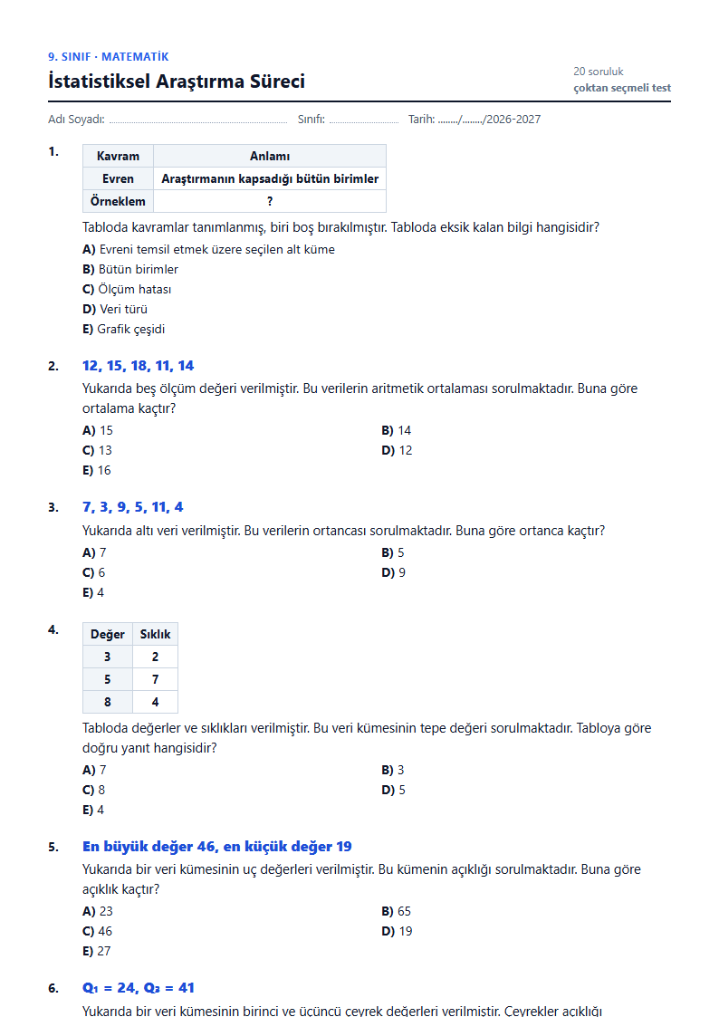 İstatistiksel Araştırma Süreci çalışma kağıdı önizlemesi