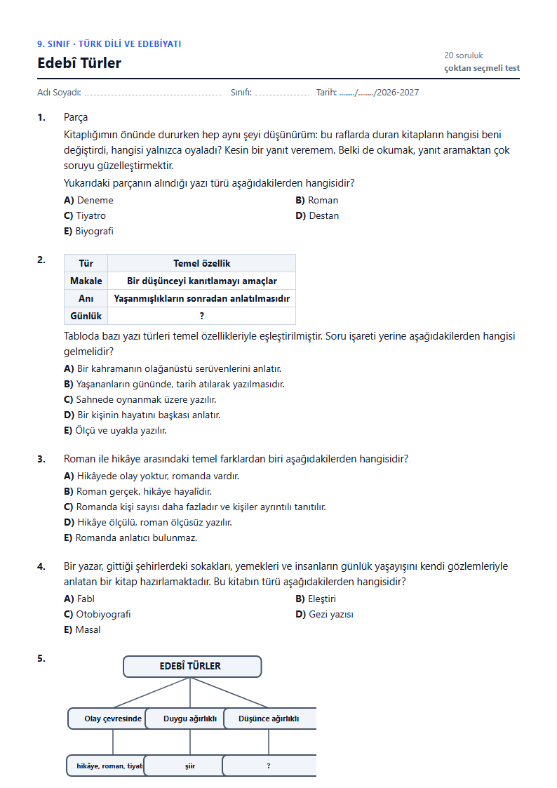 Edebî Türler çalışma kağıdı önizlemesi